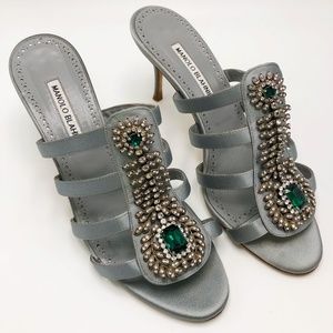 Manolo Blahnik Silver Satin Embellished Sandal